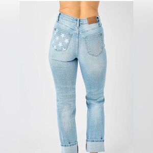 Judy Blue Mid Rise Flag Cuff Boyfriend Denim Jeans